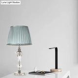 Conical Fabric Night Lamp In Pink/Blue/Beige With Crystal Base - Single Head Table Light