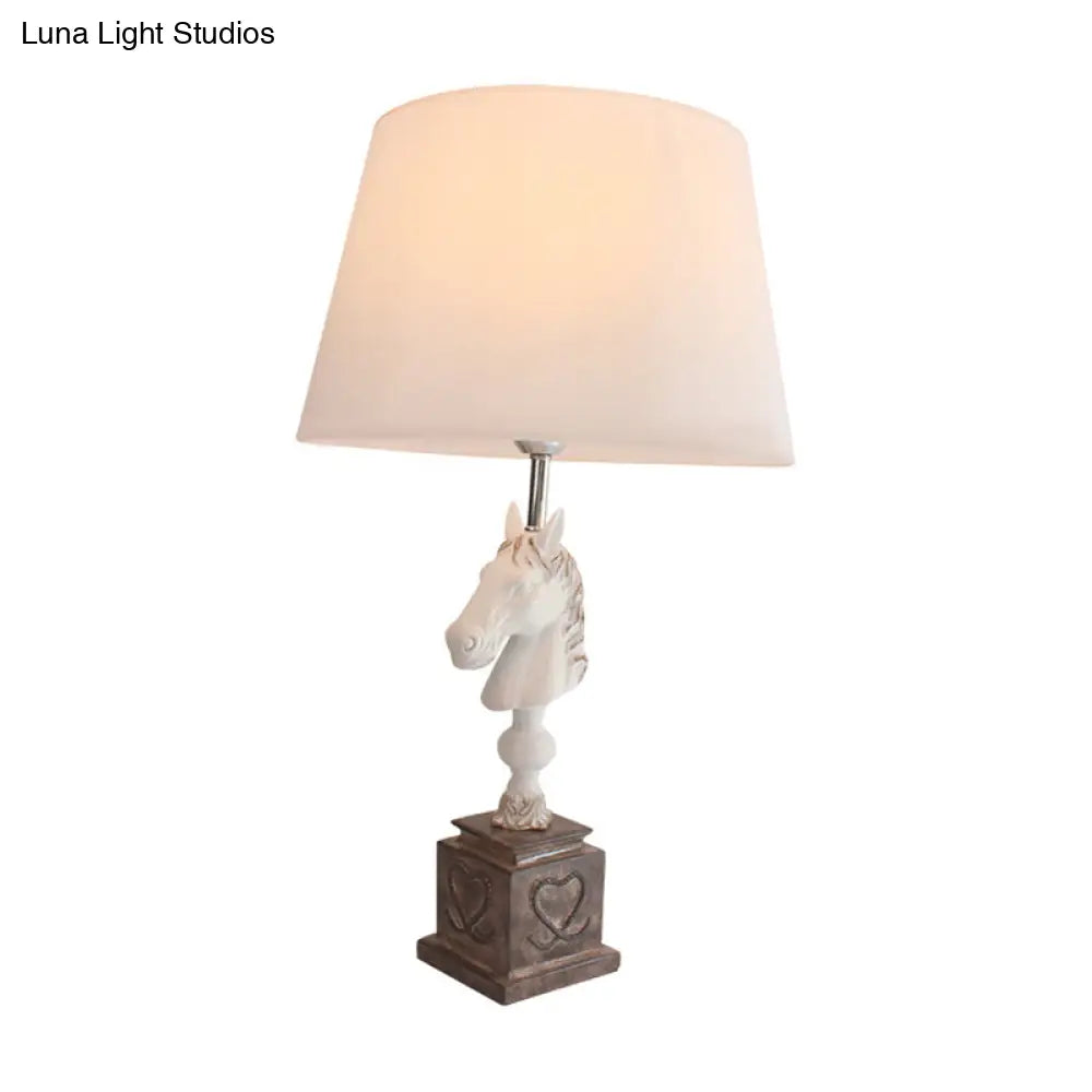 Conical Fabric Night Light With Horse Head Stand - Countryside Single Bedroom Table Lighting In