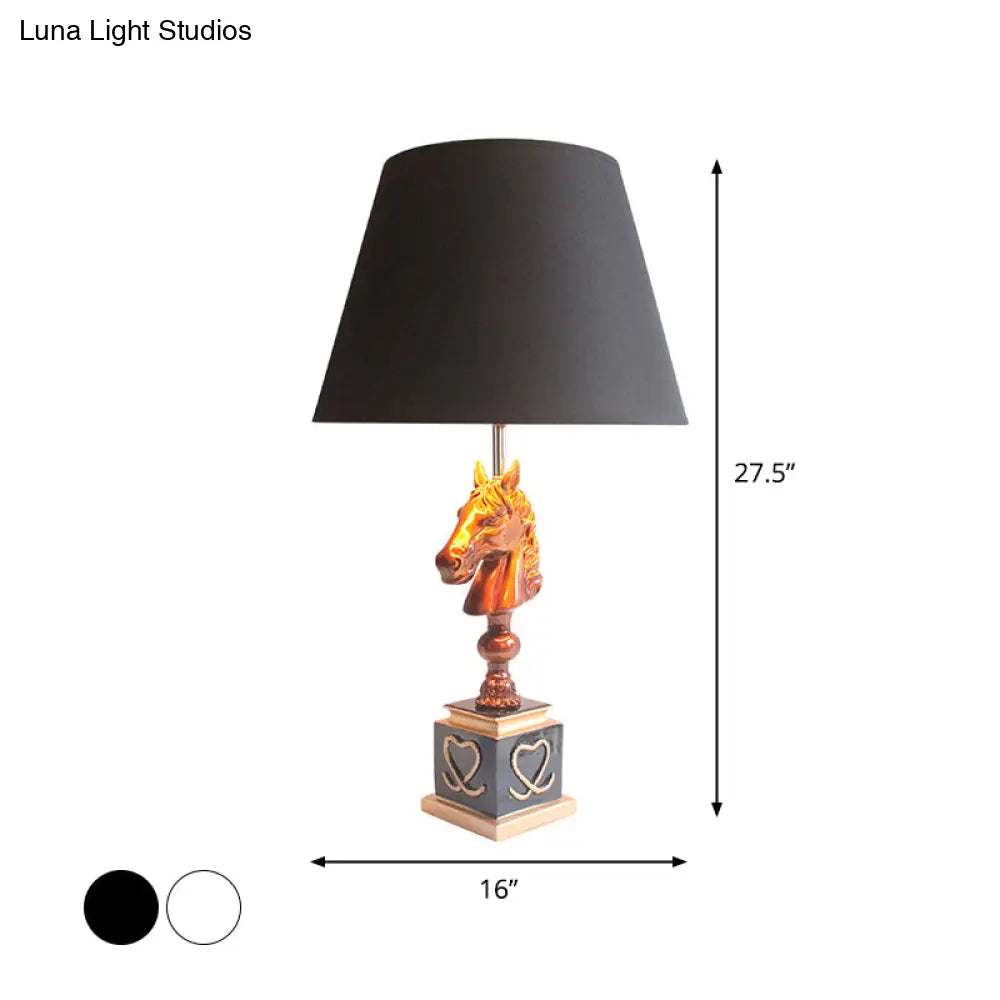 Conical Fabric Night Light With Horse Head Stand - Countryside Single Bedroom Table Lighting In