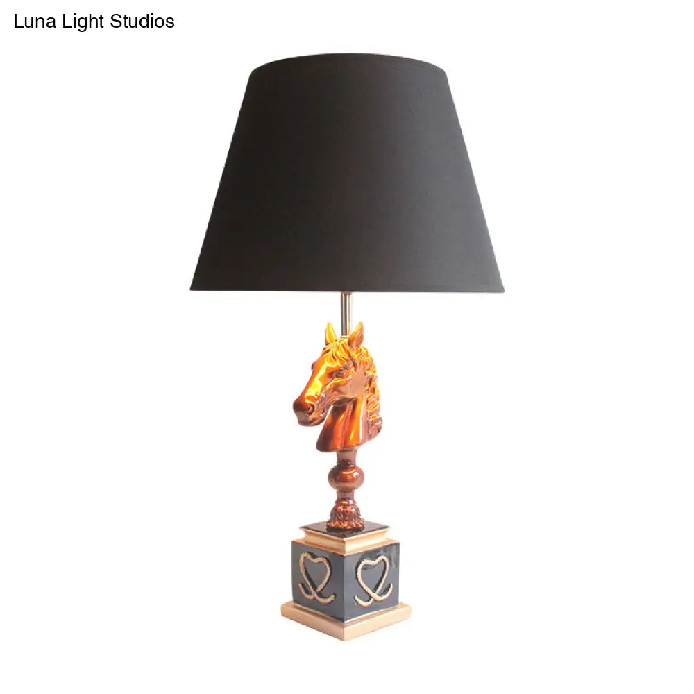 Conical Fabric Night Light With Horse Head Stand - Countryside Single Bedroom Table Lighting In