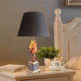 Conical Fabric Night Light With Horse Head Stand - Countryside Single Bedroom Table Lighting In