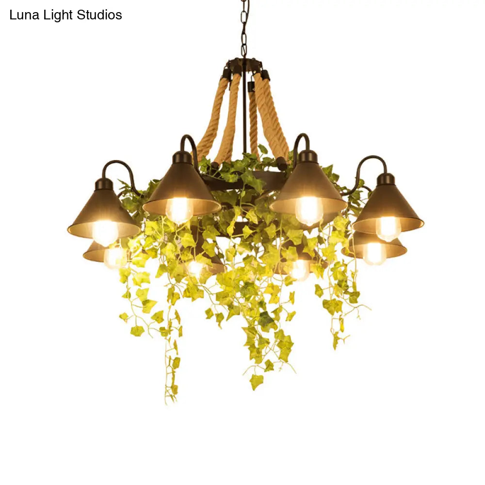 Conical Iron Chandelier - 8-Head Dining Room Hanging Lamp With Vine Decor Warehouse Styling