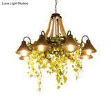 Conical Iron Chandelier - 8-Head Dining Room Hanging Lamp With Vine Decor Warehouse Styling