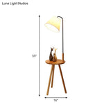 Conical Nordic Floor Lamp With Wood 3-Leg Stand And Table - Fabric Shade