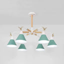Conical Pendant Light With Antlers: Metal Design 6 Lights For Dining Room Or Kitchen Green