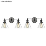 Conical Shade Industrial Wall Lamp With Clear Glass Cage - 2 Lights Vanity Sconce