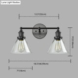 Conical Shade Industrial Wall Lamp With Clear Glass Cage - 2 Lights Vanity Sconce