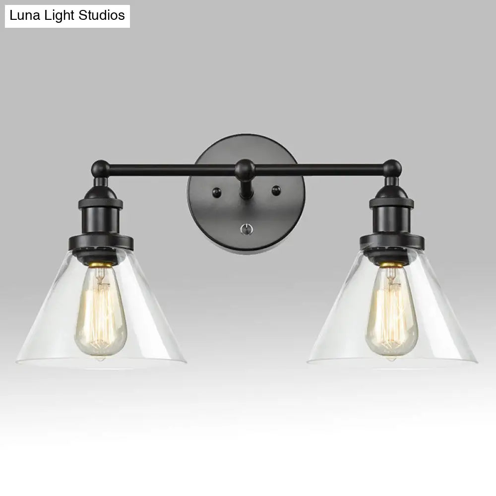 Conical Shade Industrial Wall Lamp With Clear Glass Cage - 2 Lights Vanity Sconce