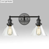 Conical Shade Industrial Wall Lamp With Clear Glass Cage - 2 Lights Vanity Sconce