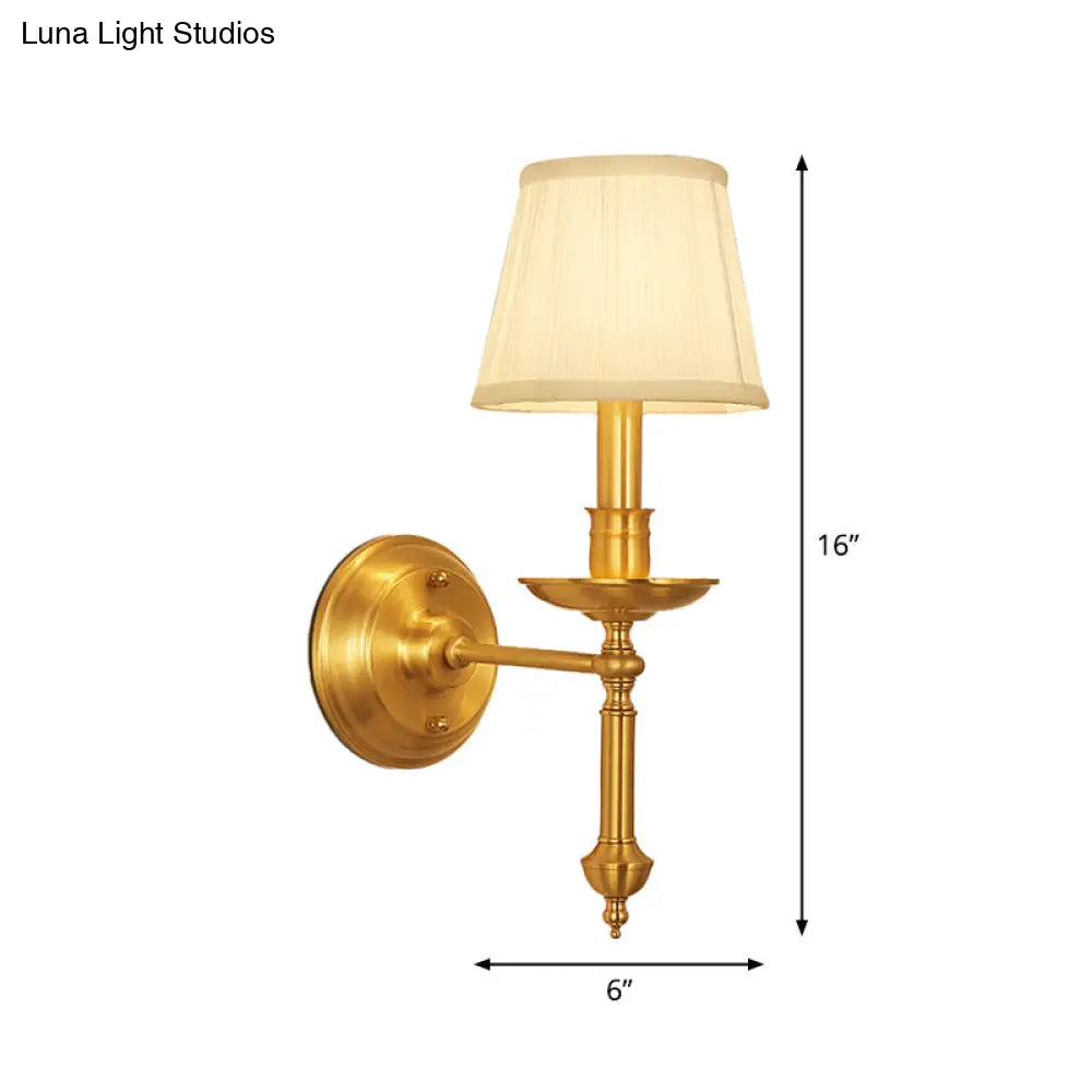 Conical Wall Light With Single-Bulb Fabric Shade Candle Design - Gold Finish