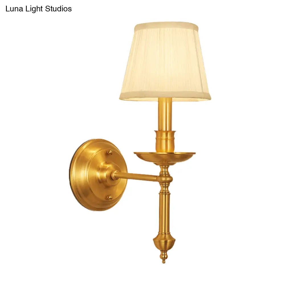 Conical Wall Light With Single-Bulb Fabric Shade Candle Design - Gold Finish