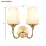 Contemporary 1/2-Bulb White Glass Wall Sconce Lighting With Brass Cone Shade For Bedroom