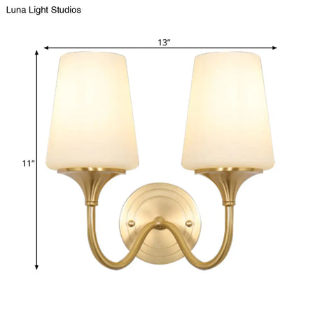 Contemporary 1/2-Bulb White Glass Wall Sconce Lighting With Brass Cone Shade For Bedroom