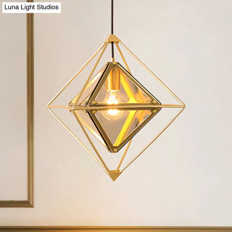 Contemporary 1-Light Pendant With Amber/Smoke Gray Glass Shade - Polygon Ceiling Lamp Black/Gold
