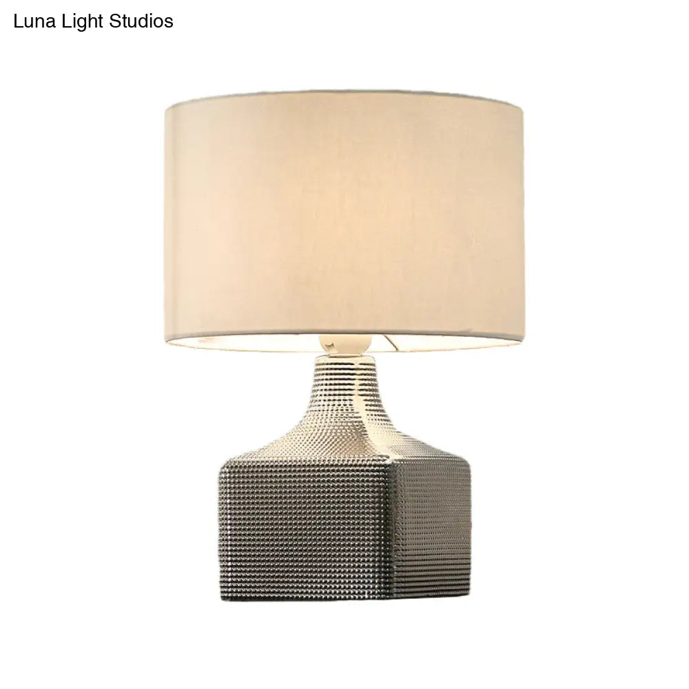 Contemporary 1-Light White Night Light With Drum Shade Fabric And Cubic Base