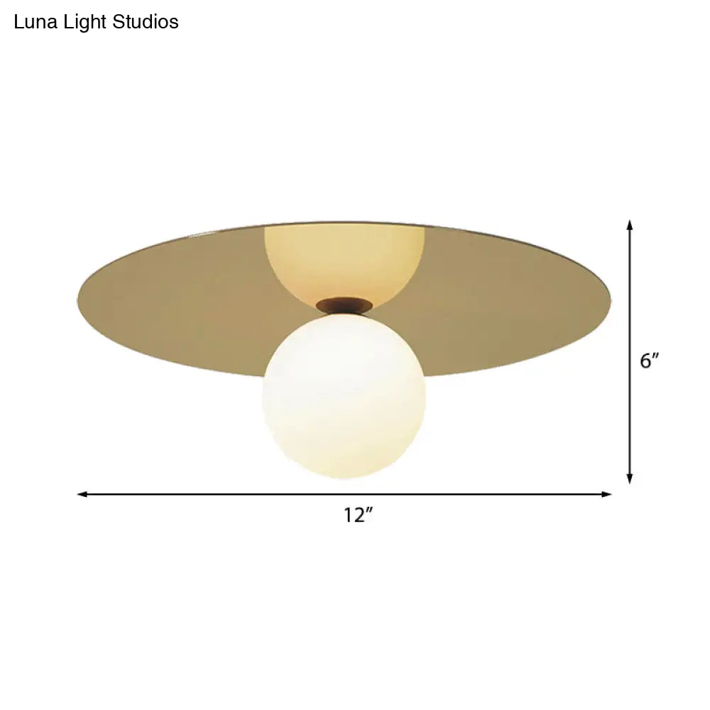 Contemporary 12’ Flushmount Ceiling Lamp With Brass Finish Milk Glass Shade & 1 Bulb