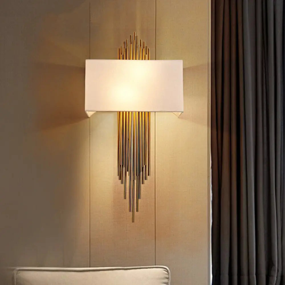 Contemporary 2-Head Fabric Shade Wall Sconce - Modern Rectangle Design In Black/White/Flaxen Ideal