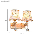 Contemporary 2-Head Wall Lamp In Gold Finish With Patterned Fabric Empire Shade