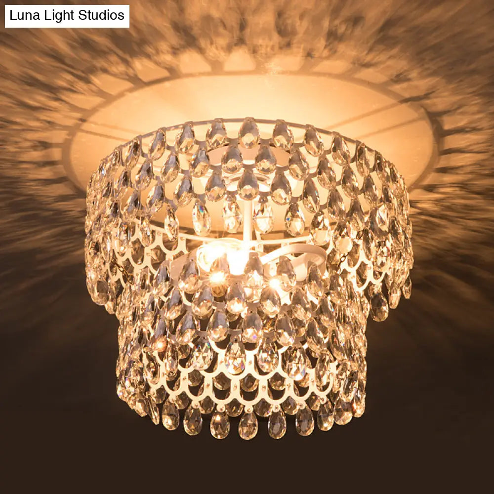 Contemporary 2-Light White Flush Mount With Crystal Droplet Accents