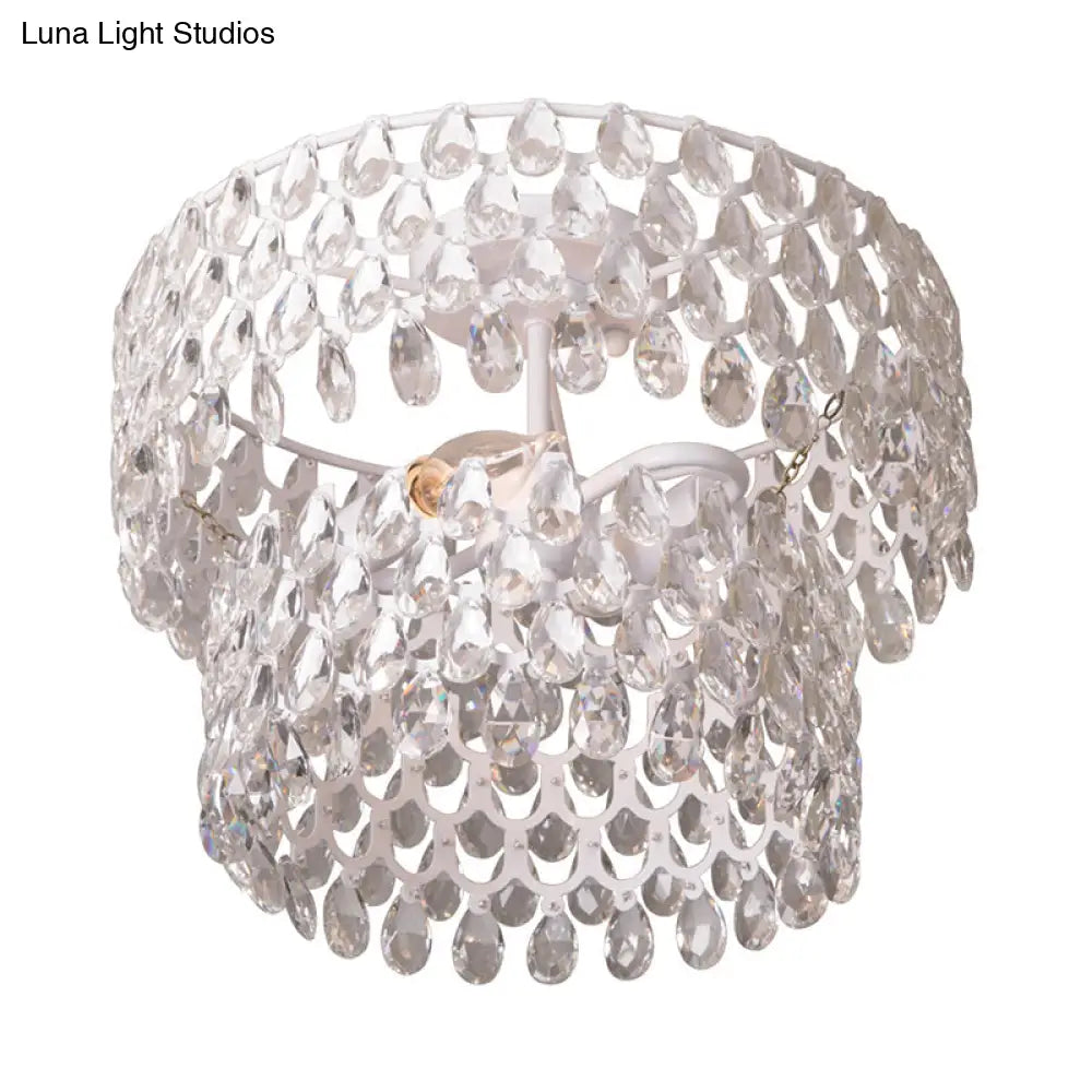 Contemporary 2-Light White Flush Mount With Crystal Droplet Accents