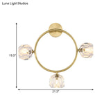 Contemporary 3-Head Brass Wall Sconce With Modo Crystal Shade - Ring/Square Light Fixture
