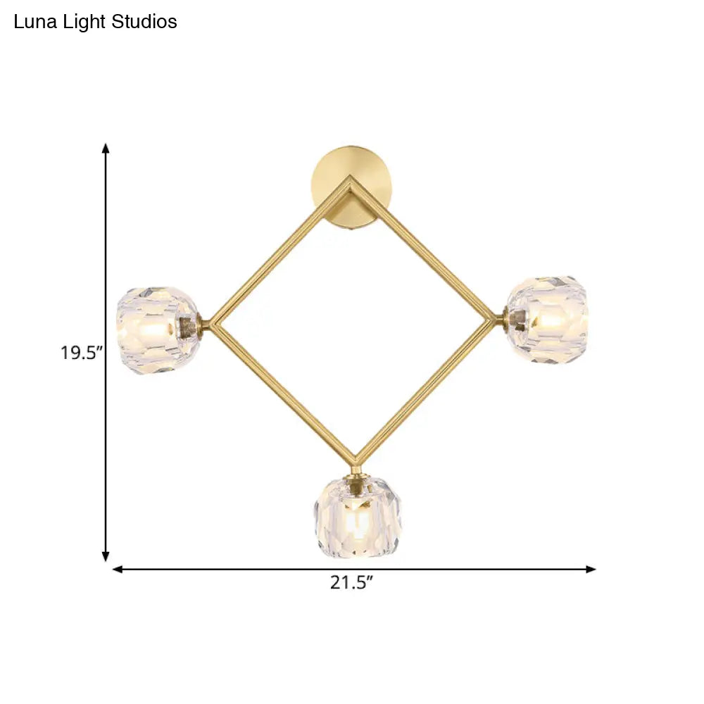 Contemporary 3-Head Brass Wall Sconce With Modo Crystal Shade - Ring/Square Light Fixture