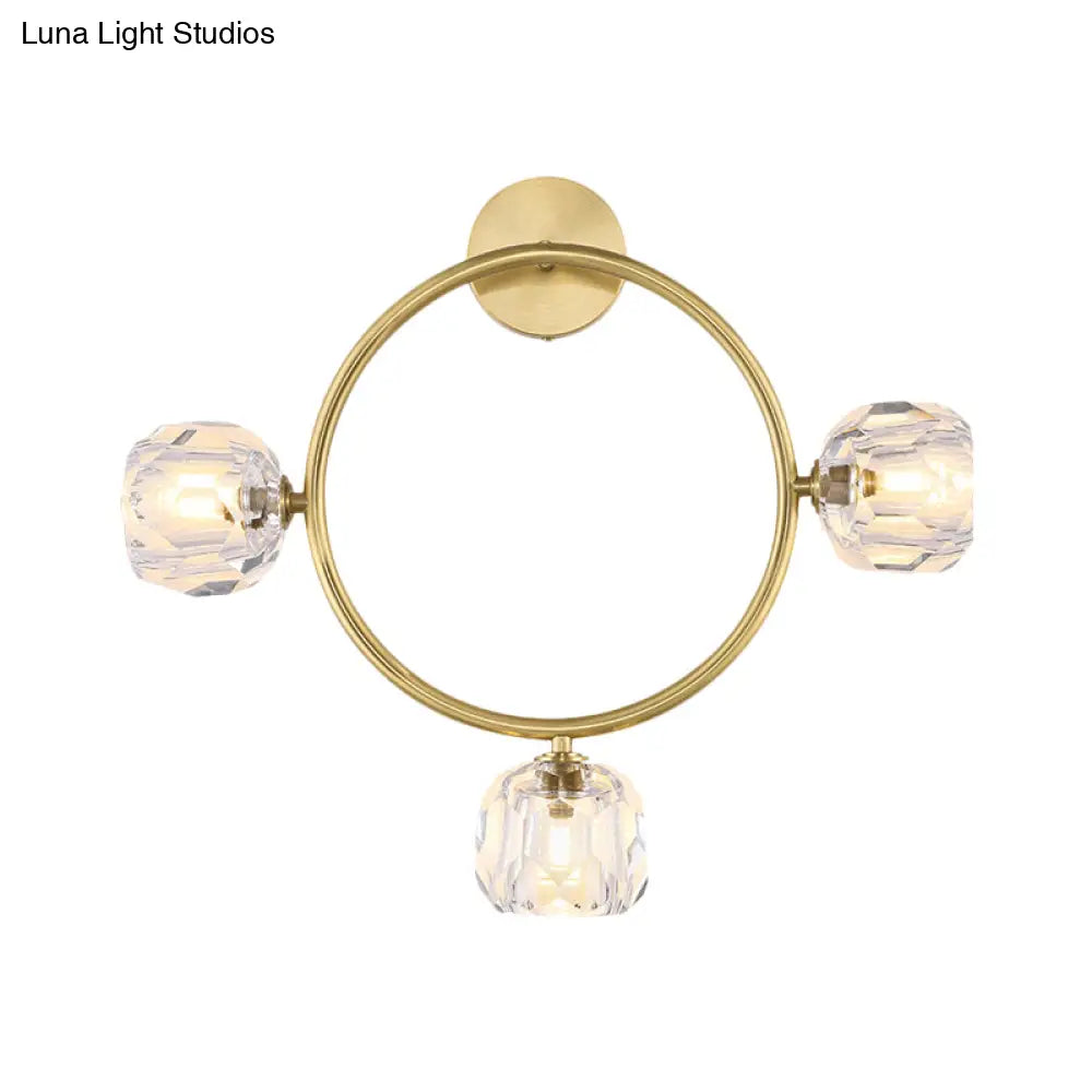 Contemporary 3-Head Brass Wall Sconce With Modo Crystal Shade - Ring/Square Light Fixture