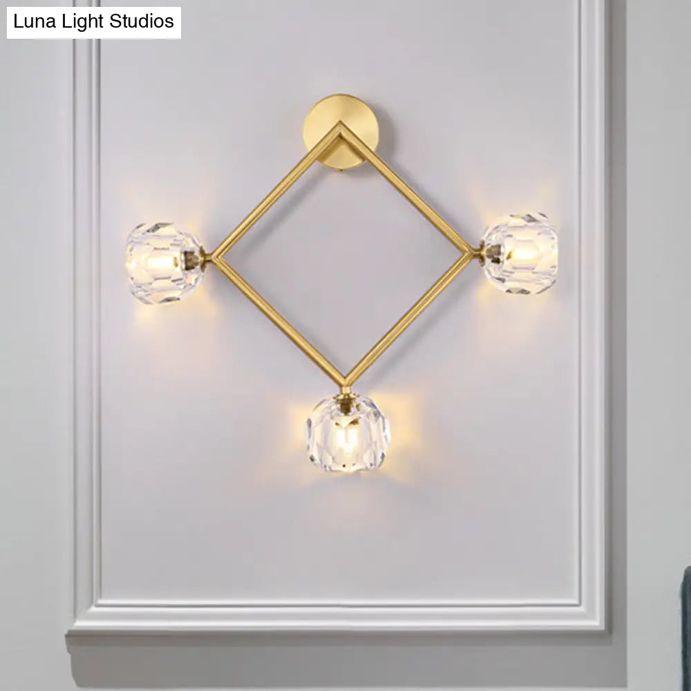 Contemporary 3-Head Brass Wall Sconce With Modo Crystal Shade - Ring/Square Light Fixture