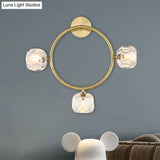 Contemporary 3-Head Brass Wall Sconce With Modo Crystal Shade - Ring/Square Light Fixture