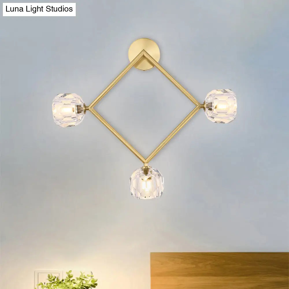 Contemporary 3-Head Brass Wall Sconce With Modo Crystal Shade - Ring/Square Light Fixture