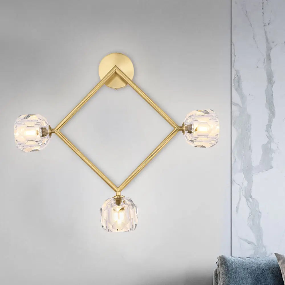 Contemporary 3-Head Brass Wall Sconce With Modo Crystal Shade - Ring/Square Light Fixture / A