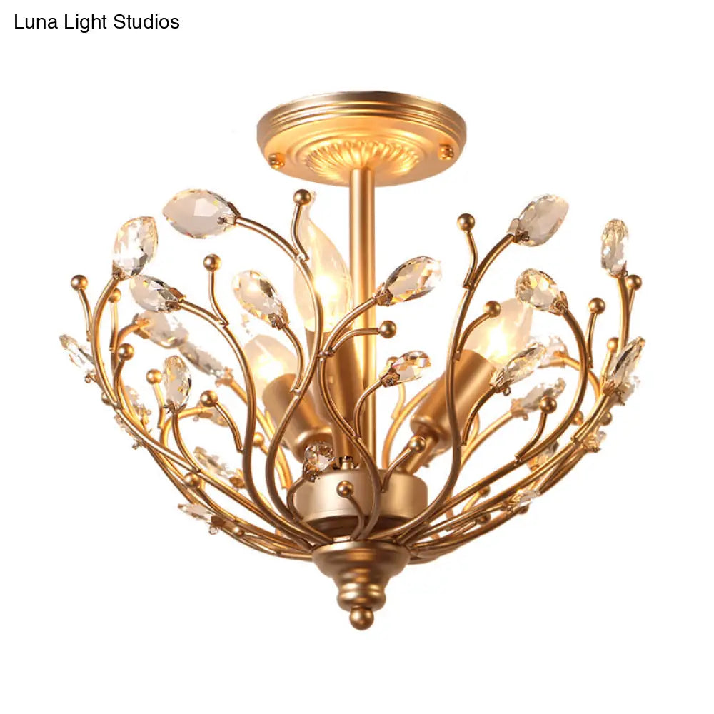 Contemporary 3-Light Gold Metal Branch Semi Flush Mount With Crystal Leaf