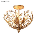 Contemporary 3-Light Gold Metal Branch Semi Flush Mount With Crystal Leaf