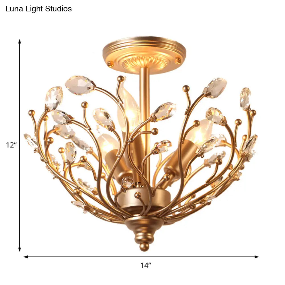 Contemporary 3-Light Gold Metal Branch Semi Flush Mount With Crystal Leaf