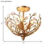 Contemporary 3-Light Gold Metal Branch Semi Flush Mount With Crystal Leaf