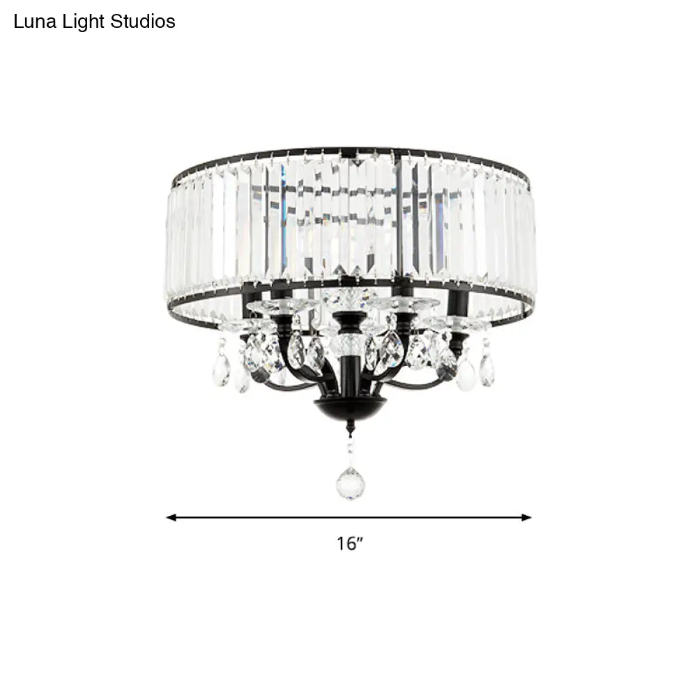 Contemporary 4 - Head Semi Flush Crystal Light Fixture: Round Block Design In Black With White