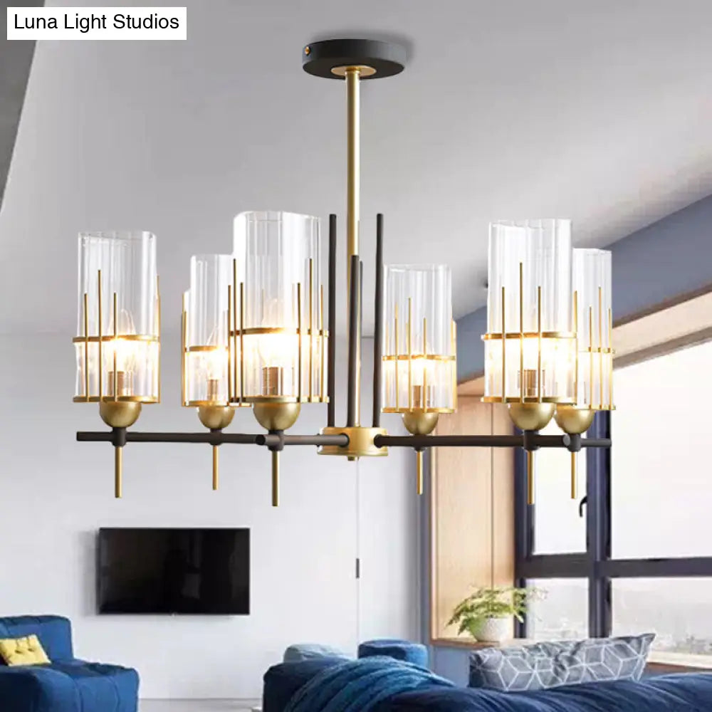Contemporary 6-Head Black And Gold Chandelier Pendant With Clear Glass Triangular Prism