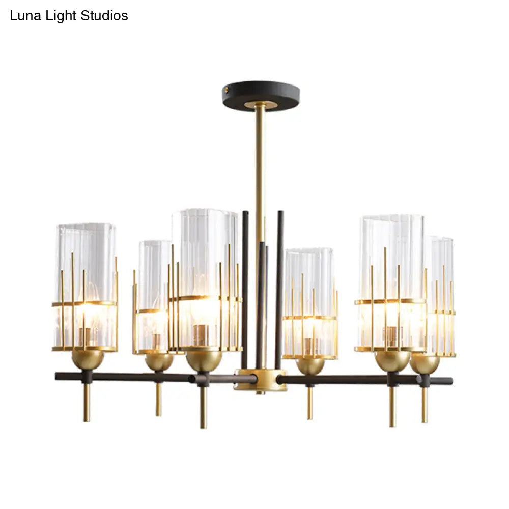 Contemporary 6-Head Black And Gold Chandelier Pendant With Clear Glass Triangular Prism