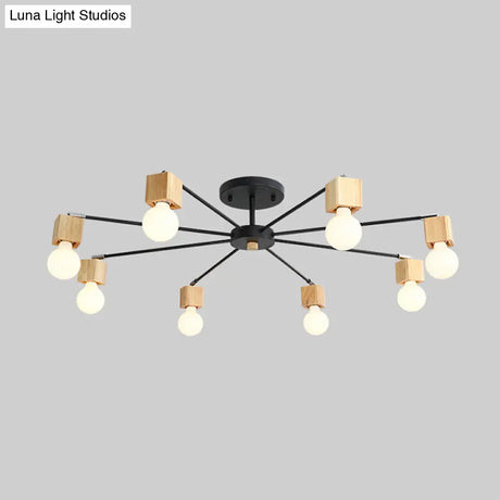 Contemporary 8-Light Metal Flush Lamp With Cube Wood Cap In Black
