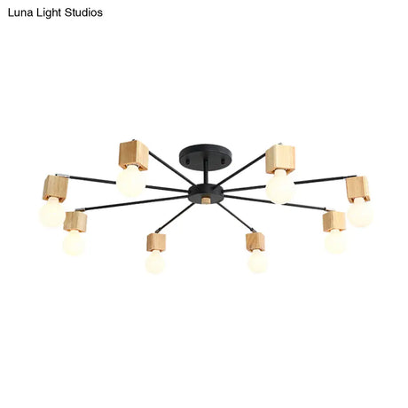 Contemporary 8-Light Metal Flush Lamp With Cube Wood Cap In Black