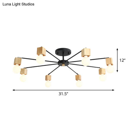 Contemporary 8-Light Metal Flush Lamp With Cube Wood Cap In Black
