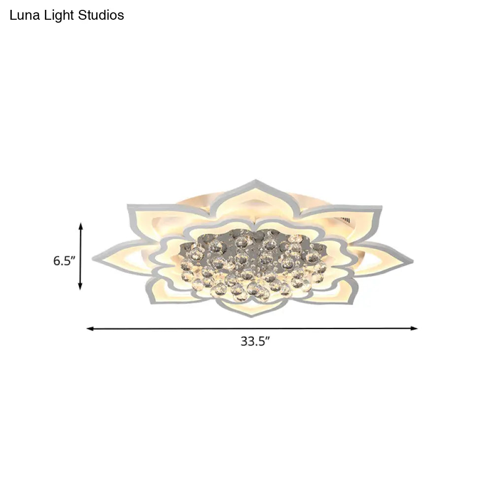 Contemporary Acrylic Flower Flush Light With Led Crystal Droplets - White