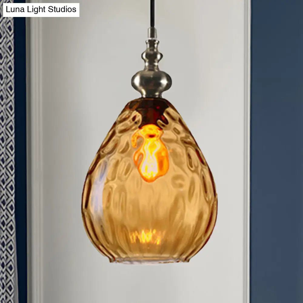 Contemporary Amber/Clear Dimple Glass Water Drop Pendant Lamp - 6/8 Wide 1 Head Bedside Hanging