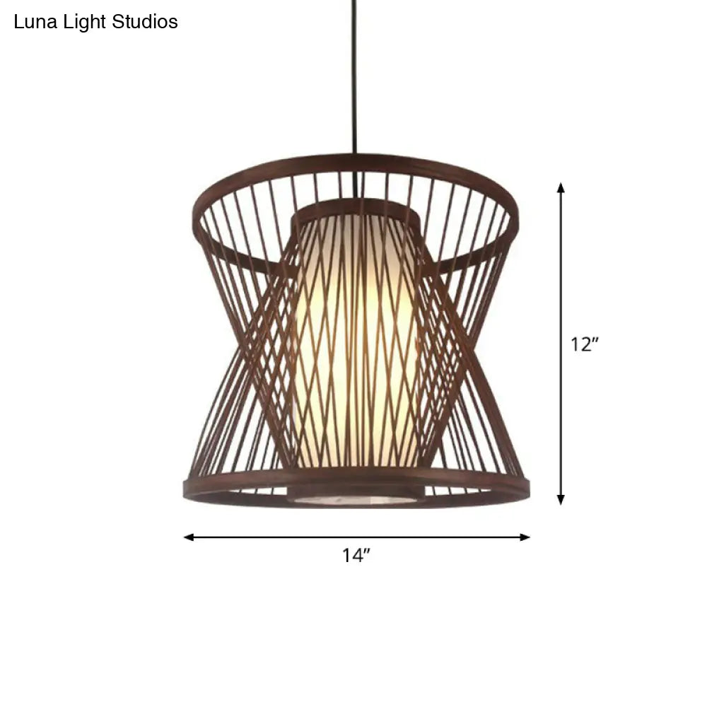 Contemporary Bamboo Cage Hanging Lamp With Coffee Finish And Single Bulb Suspension