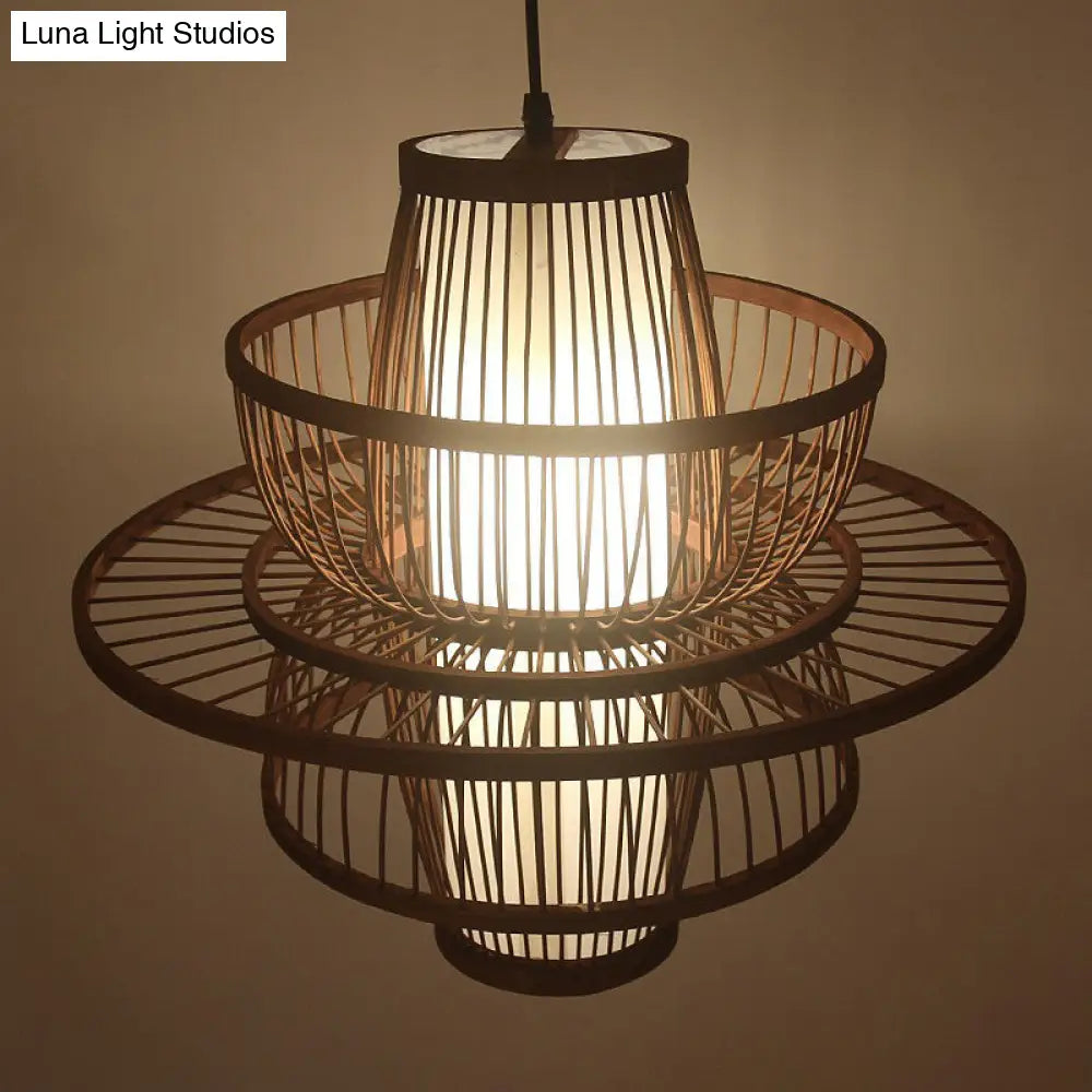 Contemporary Bamboo Cage Hanging Lamp With Coffee Finish And Single Bulb Suspension