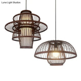 Contemporary Bamboo Cage Hanging Lamp With Coffee Finish And Single Bulb Suspension