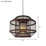 Contemporary Bamboo Cage Hanging Lamp With Coffee Finish And Single Bulb Suspension