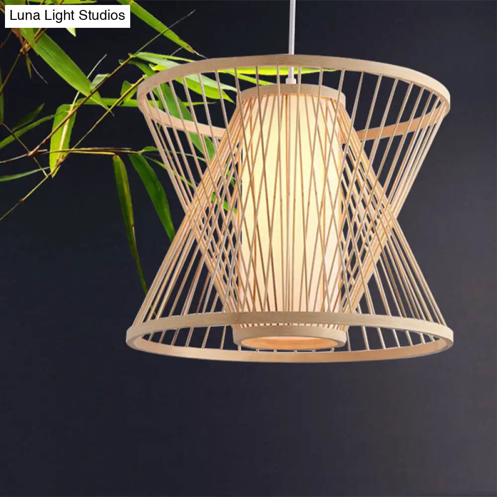Contemporary Bamboo Cone Suspension Pendant Light Kit For Restaurants - 1 Bulb Wood Hanging Sizes:
