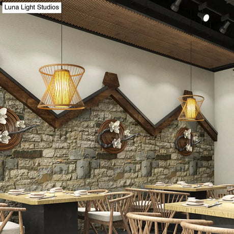Contemporary Bamboo Cone Suspension Pendant Light Kit For Restaurants - 1 Bulb Wood Hanging Sizes: