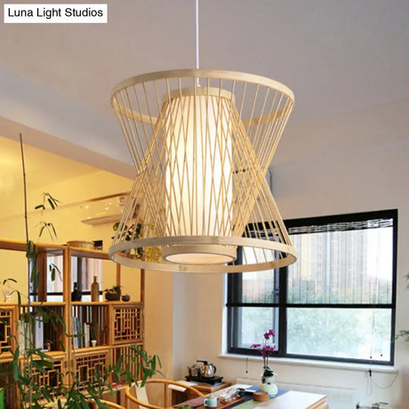 Contemporary Bamboo Cone Suspension Pendant Light Kit For Restaurants - 1 Bulb Wood Hanging Sizes: